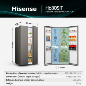 Alternative view of Hisense 543L Frost Free Side by Side Fridge Freezer PureFlat Stainless Steel