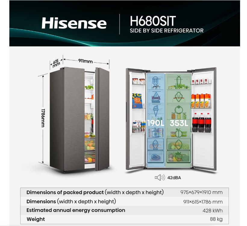 Hisense 543L Frost Free Side by Side Fridge Freezer PureFlat Stainless Steel - Image 2