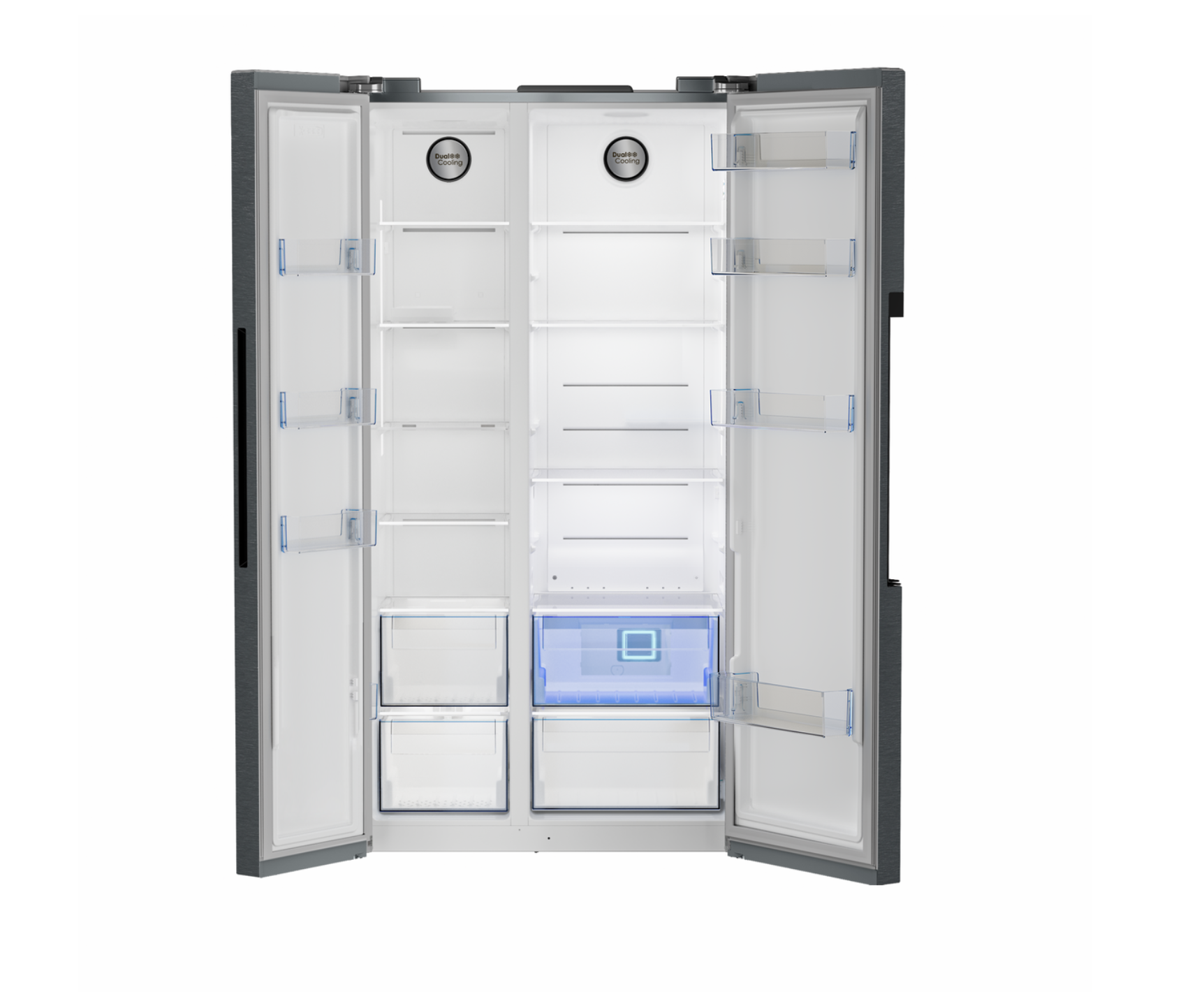 Defy fridge 559L, side by side fridge freezer, NatureLight technology fridge, frost free fridge South Africa, large fridge for family, energy efficient refrigerator, modern dark inox fridge, Defy DFF636 review, stylish kitchen appliances, big capacity fridge