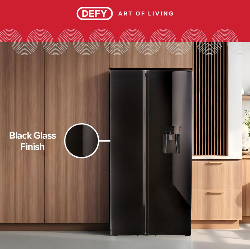 Defy DFF456 91cm 496L Side by Side Fridge Freezer No Frost with Water Dispenser Mirror Black Glass - Image 2