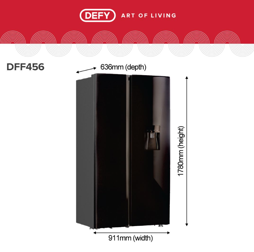 Defy DFF456 91cm 496L Side by Side Fridge Freezer No Frost with Water Dispenser Mirror Black Glass - Image 3